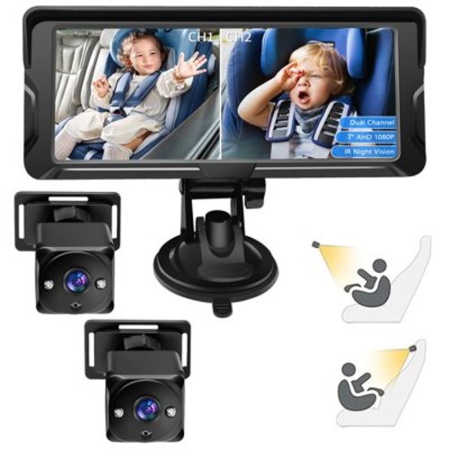 Baby Baby Car Camera Dual Channel 7 Inch 1080P Car Baby Camera Display With 2 IR Night Vision Camera And 150 Wide View Angle For Rear Facing Seat