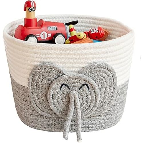 Adorable Small Elephant Cotton Rope Basket - Gift Empty Baskets - Toy Storage Basket, Woven Basket for Baby Essentials, Decorative Woven Basket for Nurseries and Playrooms (11"x7")