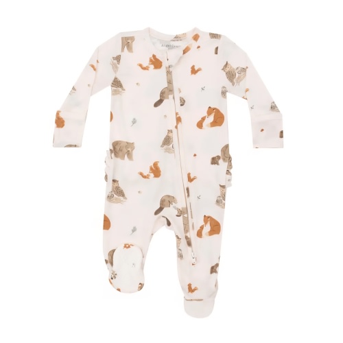 Mixed Woodland Animals Pink 2-Way Zipper Ruffle Back Footie - Pear and Simple