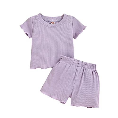 Dimoybabe Toddler Baby Girl Summer Clothes Ribbed Knit Cotton Cute Summer Outfits Short Sleeves 2 Pieces Shorts Set 12M - 5T