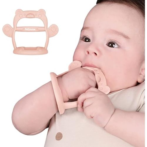 Anti-Dropping Silicone Baby Wrist Teether Soothing Pacifier for Infants 3+ Months Babies, Pack of 1, Made in Korea (Bear-Pale Peach)