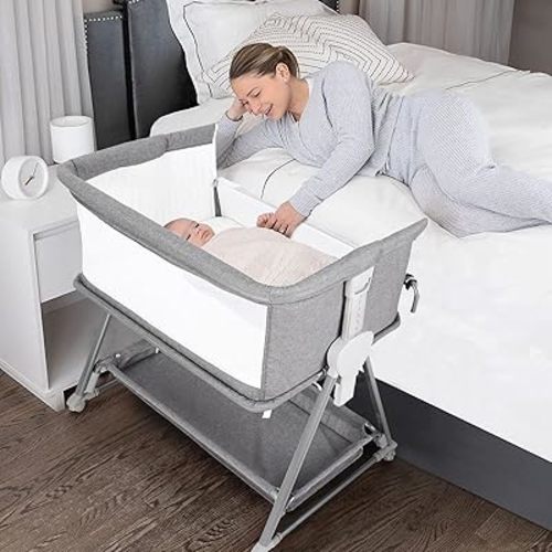 Cowiewie 3 in 1 Baby Bassinet Playpen Bedside Sleeper Multifunctional Bedside Bassinet with Game Mode for Baby Height-Adjustable (Grey)
