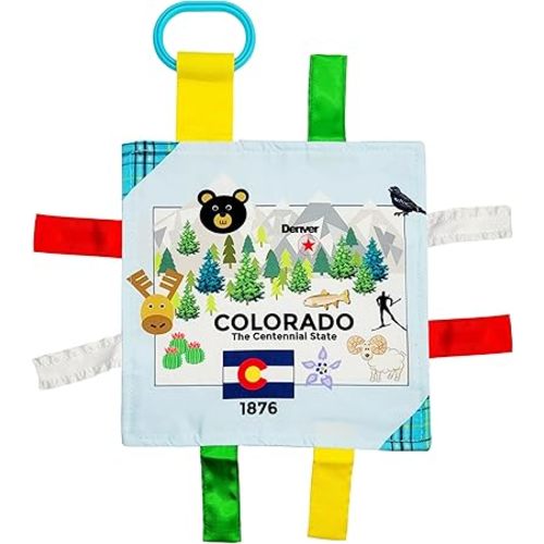 Baby Jack & Co 8x8” Learning Lovey Colorado State Tag Stroller Toy for Babies - Crinkle Toys for Developing Five Senses - Learn About Capitals - Travel with Baby Jack - BPA Free Clip