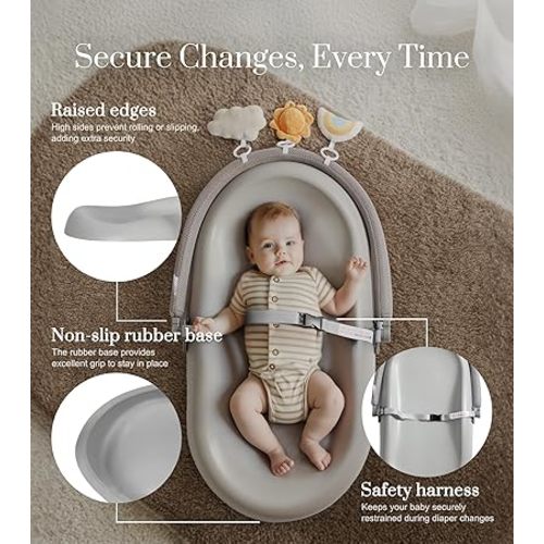 Wipe-Clean Baby Changing Pad, Waterproof Durable PU Pad, Soft & Non-Slip Safety Belt & Hanging Toys, Easy to Adjust & Removable Bar, Gray