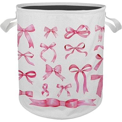 Coquette Pink Bow Laundry Basket, Girly Pink Toy Storage Bin Laundry Hamper Waterproof Collapsible Clothes Organizer for Bedroom Bathroom Girls Room Nursery Dorm