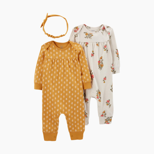 Carter's 3-Piece Jumpsuits & Headwrap Set - Yellow/Neutral Leaves, 9M
