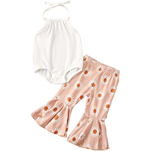 Kaipiclos Toddler Baby Girl Sleeveless Halter Ribbed Solid Romper Sunflower Floral Print Flare Bell Bottoms Pants Outfit