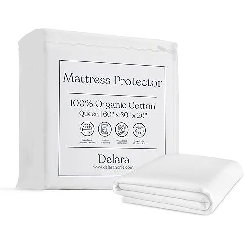 Delara Organic Waterproof Mattress Protector for Queen Size Bed, Soft & Cooling, GOTS Certified Organic Cotton, Noiseless & Breathable, Machine Washable, Fits 20 Inch Deep Pocket