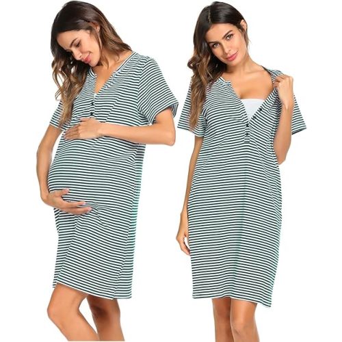 Ekouaer Nursing Nightgown Striped Women Short Sleeve Breastfeeding Sleep Dress Maternity Delivery/Labor Gown