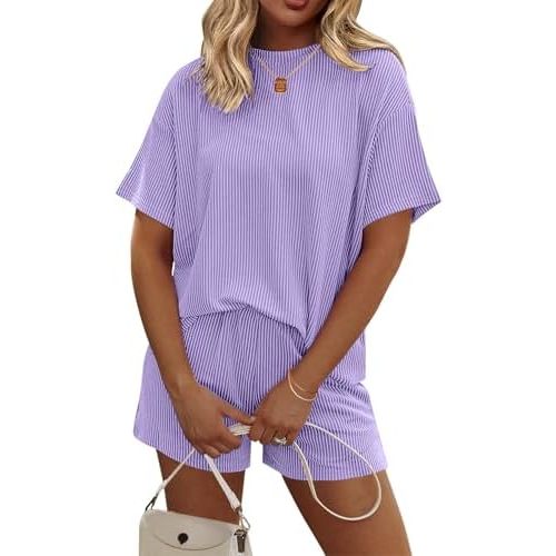 Ekouaer Womens Pajama Sets Short Sleeve Lounge Sets 2 Piece Pjs Tops and Shorts Outfits Matching Loungewear with Pockets