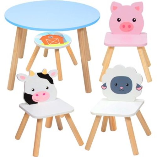 Kids Wooden Animal Table & Chair Set w 3 Seats (Cow Pig Sheep) & Adult Stool for Arts Crafts, Dining, Pretend Play- Durable Playroom Furniture for Home, Daycare, Classroom for Toddlers to Big Children
