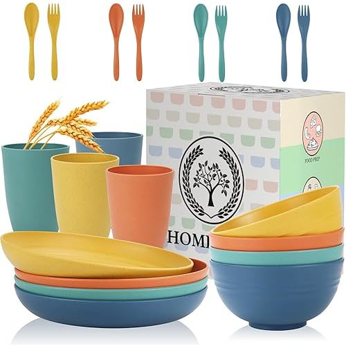 Homienly Wheat Straw Dinnerware Sets, 20pcs Dishes Dinnerware Sets Microwave and Dishwasher Safe, Lightweight Unbreakable Dish Set, Reusable Dinner Plates Kids Plates and Bowls Sets (Multicolor)