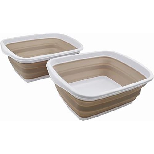 SAMMART 10L (2.6 Gallons) Set of 2 Collapsible Tub - Foldable Dish Tub - Portable Washing Basin - Space Saving Plastic Washtub (White/Latte (Set of 2))