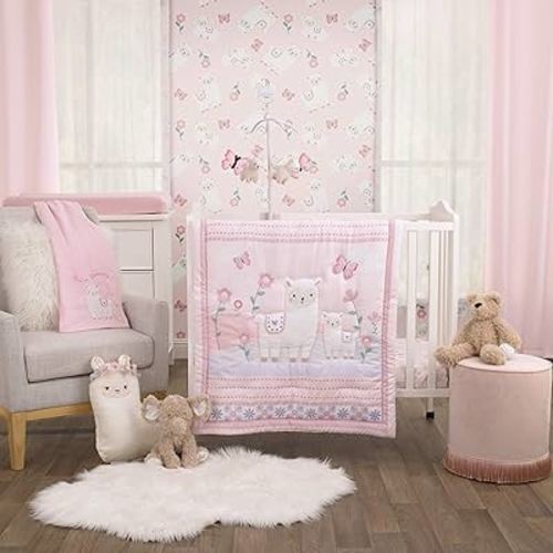 NoJo Little Love Sweet Llama and Butterflies Floral Pink and Purple 3 Piece Mini Crib Bedding Set - Comforter and 2 Mini Crib Sheets