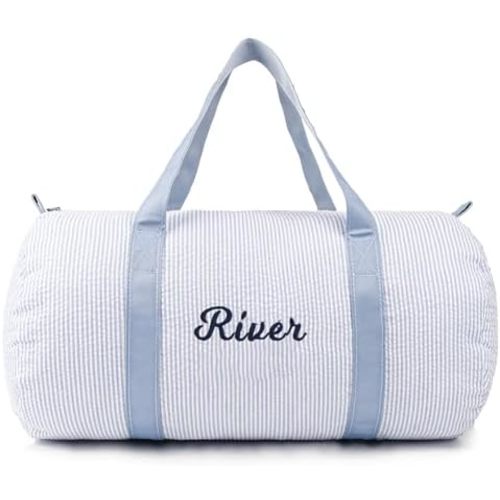 MT WORLD Personalized Duffle Bag for Kid Seersucker Cloth Overnight Duffel Bag with Name Toddler Travel Bag Custom Weekender Bag Child Small Sports Gym Ballet Dance bag Little Girls Boys (Light Blue)