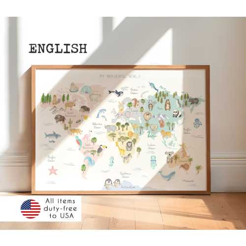 Animal World Map - Educational Watercolor Map for Kids | Nursery Wall Art | ENGLISH World Map Poster | Kids' Room & Nursery Decor