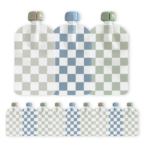 Hippypotamus Reusable Baby Food Pouches for Toddlers - BPA Free Food Grade - Dishwasher & Freezer Safe - Baby Food Containers - Refillable Squeeze Pouch for Applesauce & Yogurt - 12 Pack (Checkered)