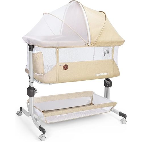 Baby Bassinet Bedside Sleeper, Upgraded Stability Bedside Crib with Full Mesh Sides, Soft Sheet, 6-Height Adjustment, Storage Basket, Easy Folding Portable Bassinet for Newborns, Oatmeal