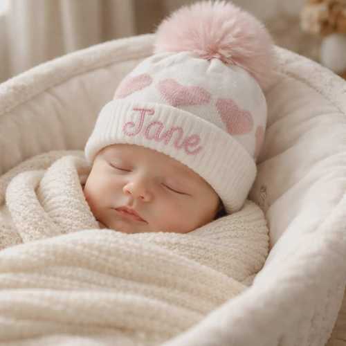 Baby girl winter hat, 0-3months, infant size. Personalized with embroidery. One size only.