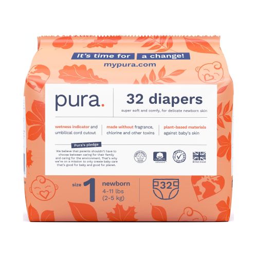Pura Sensitive Soft Sustainable Diapers Size 1, 32 Count (Choose Your Size and Count)