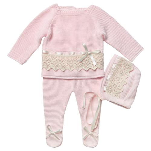 Newborn Baby Knitted Clothes, Newborn Coming Home Outfits, Spanish Baby Knit Set, Christening, Baptism, and Shower Gift. (Pink) 1136