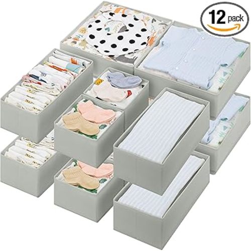 GRANNY SAYS Drawer Organizer Clothes, 12 Pack Dresser Organizer Bins for Nursery, Closet Organization and Storage Dividers for Clothing, Baby Clothes, Underwears, Gray