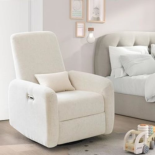 Power Recliner Chair Swivel Glider: Comfort Soft Fabric, USB & Type-C Charging, Ease of Assembly, 270°Swivel Upholstered Nursery Rocking Chairs with Lumbar and Head Support,Beige