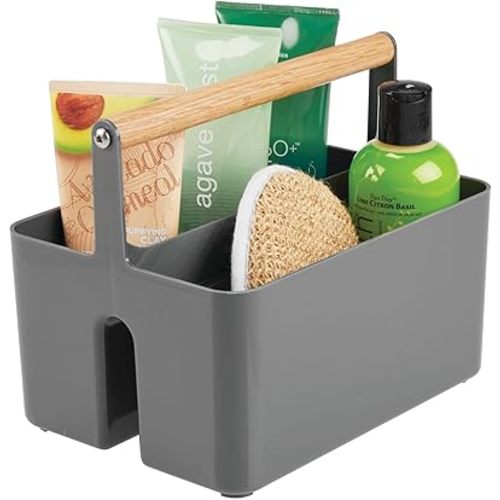mDesign Plastic Portable Shower Caddy Divided Basket Bin Storage Organizer with Bamboo Handle for Bathroom, Dorm, Shelf & Cabinet Holds Shampoo, Conditioner - Aura Collection, Charcoal Gray/Natural