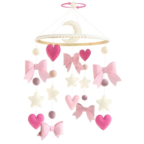 Teeloray Baby Mobile for Crib Pink Bow Baby Crib Mobile for Girls Handmade Coquette Bow Nursery Decor for Infant Bedroom Hanging Pink Girls Room Decor for Bassinet Gender Reveal Newborn Gifts