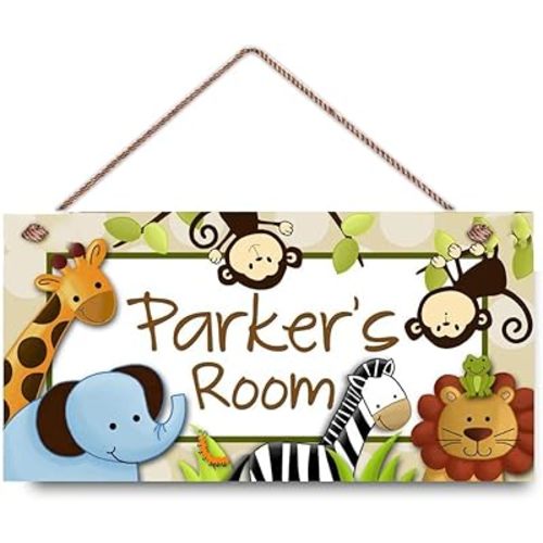 AJHERO Kids' Jungle Animal Sign, Personalized Name, 5" x 12.5" Plastic Wall Mount Sign, Modern Style, Nursery Decor, Kids' Room, Teen's Room, Door Sign, Wall Hanger