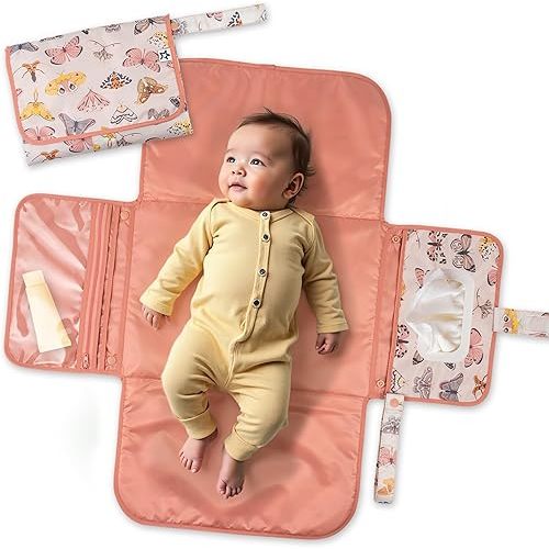 Tiny Twinkle Portable Diaper Changing Pad-Foldable Waterproof Changing Mat&Portable Changing Pad for Travel,Baby Changing Station with Smart Wipes Pocket&Storage (Flutter)