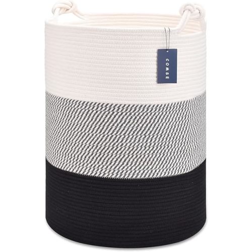 COMSE Extra Large Blanket Basket, Tall Woven Storage Basket, Nursery Hamper, 15.7”x 21.7”, Cotton Rope Laundry Hamper for Toys Clothes Towels, White/Gray/Black