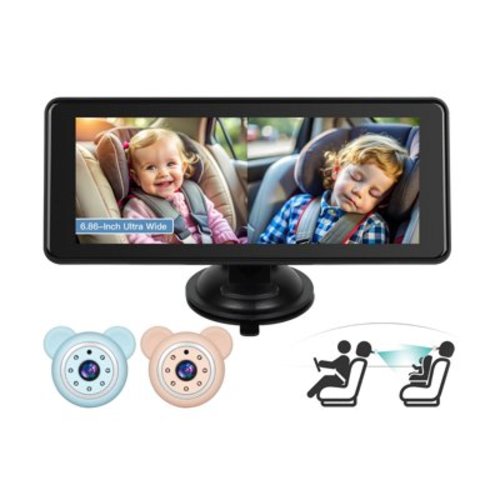 Baby Car Camera for 2 Kids - 6.9-Inch Monitor Easy Setup 360° Rotatable Double HD 1080P Clear Night Vision Car Seat Camera Rear Facing for Twins or Siblings, Safety & Convenience