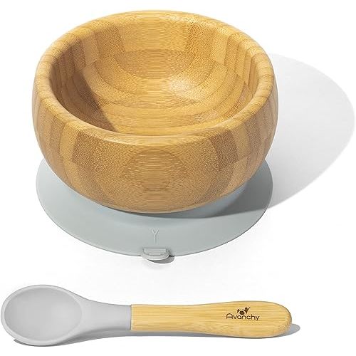 Avanchy Bamboo Baby Bowl with Spoon and Removable Silicone Suction Base – Non-Toxic, BPA-Free Feeding Bowl for Babies and Toddlers – Natural Bamboo Suction Bowl, Gray
