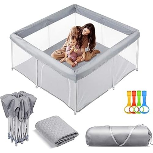 Hestiasko Foldable Baby Playpen with Mat, 50"×50" Foldable Playpen for Babies and Toddlers, Portable Play Yard for Indoor & Outdoor, Foldable Play Pen with 4 Handlers + Suitable Size Mat, Grey