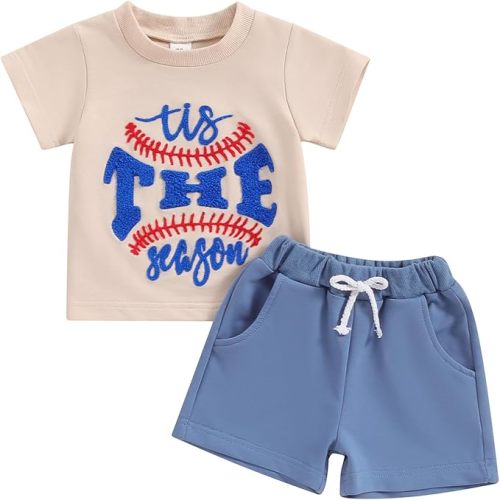 Toddler Baby Boy Summer Baseball Outfit Play Ball Embroidery T-Shirt Baseball Shorts 2Pcs Casual Clothes Set