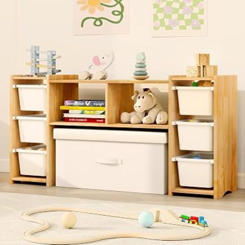 Montessori Shelf for Kids - 100% Solid Pine Wood with 6 Removable Plastic Bins, Toy Storage Organizer Cabinet for Playroom, Bedroom & Nursery (Natural)