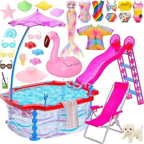 11.5 Inch Girl Doll Glam Pool Playset Include Glam Swimming Pool with Slide Mermaid Swimsuit Doll Bikini Swimwear Beach Chair Glasses Towel Swimming Ring and Others Accessories for 11.5 Inch Dolls