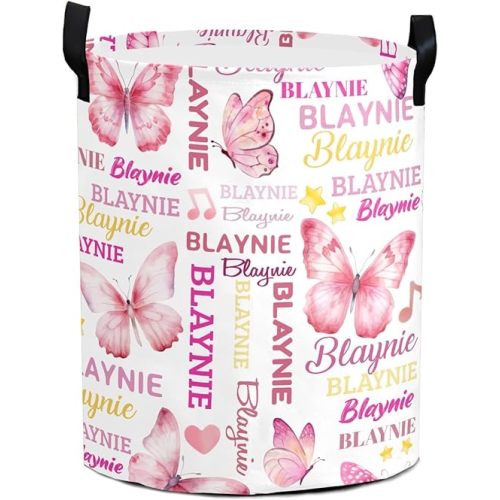Large Custom Name Laundry Hamper, Butterfly Personalized Dirty Clothes Hamper Storage Basket with Name for Bathroom Bedrooms, Customized Name Circular Hamper with Handles for Baby Boys Girls Men Women