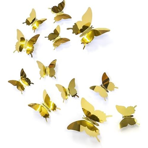 Butterfly Wall Decal Room Decor, Gold Butterfly Wall Decor 24 pcs, Party Decor, Wedding Decoration, Aesthetic Butterflies Stickers for Bedroom