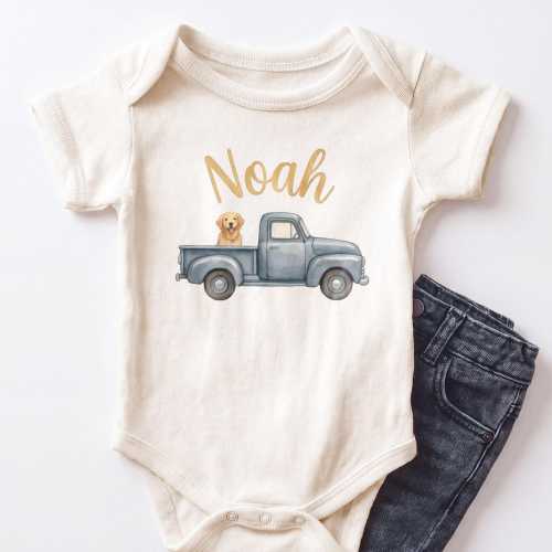 Personalized Vintage Truck Dog Baby ONESIE® - Custom Name Cute Golden Retriever Bodysuit