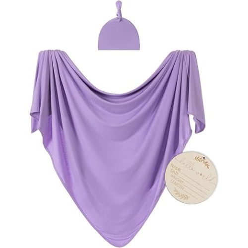 Large Jersey Knitted Swaddle Blanket for Baby, Soft Stretchy Receiving Blanket for Newborns with Hat, Baby Nursery Swaddle 47 x 47 inches(Lavender)