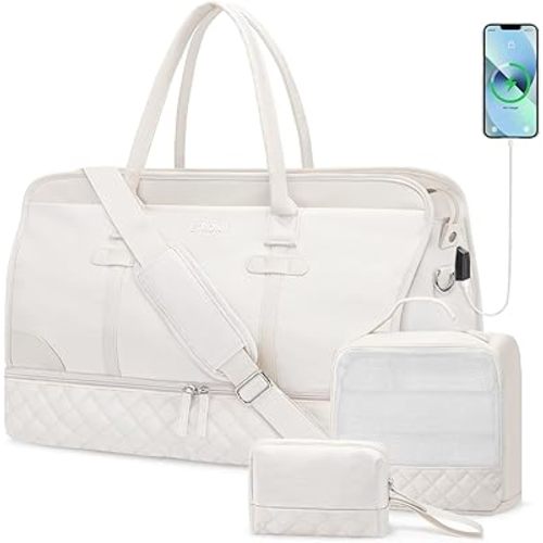 ETRONIK Weekender Overnight Bags for Women, Large Travel Duffle Bags with Shoe Compartment & Wet Pocket, Carry On Tote Bag Gym Duffel Bag with Toiletry Bags for Hospital 3 Pcs Set, Large Size, Beige