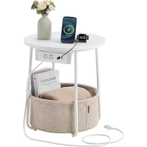 VASAGLE Side Table with Charging Station, Round End Table with Fabric Basket, Nightstand with Power Outlets, USB Ports, for Living Room, Bedroom, Modern, Matte White and Camel Brown ULET228W01