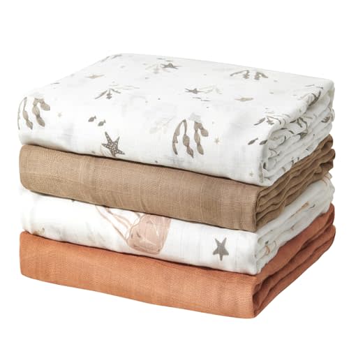 Momcozy Muslin Swaddle Blankets, Ultra Soft Neutral Swaddle Blanket, Breathable Large 47'' x 47'' Baby Infant Newborn Boys Girls Swaddling Receiving Blanket Wraps, Ocean World