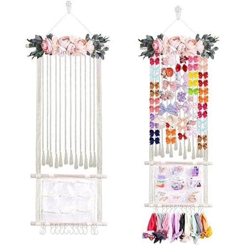 cherrboll Hair Bows Holder Headband Organizer for Girls, Hair Clips Hanger Storage with Hooks, Wall Hanging Decor for Nursery Room