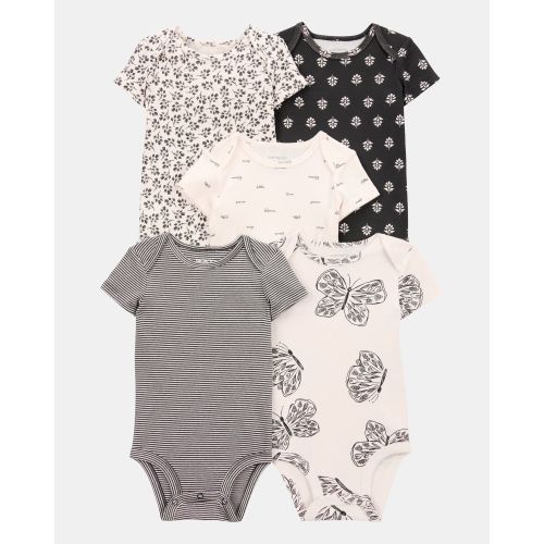 Baby Girl 5-Pack Striped Butterfly Short-Sleeve Cotton Bodysuits - Black/White | Carter's