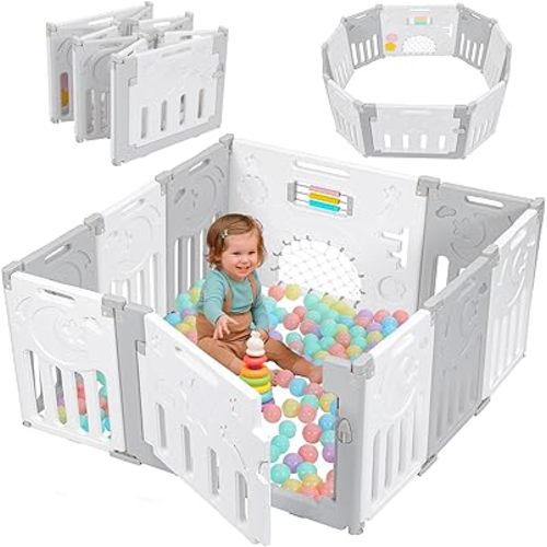 Baby Playpen, Dripex Baby Playard for Babies and Toddlers, 10-Panel Foldable Playpen Adjustable Portable Play Area, Indoor/Outdoor Kids Active Center with Game Panel & Safety Gate, Grey White
