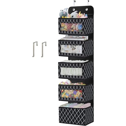 Over the Door Hanging Organizer with 5 Large Pocket - Wall Mount Pantry Storage with Clear PVC Window & 2 Big Metal Hooks for Closet,Bathroom,Nursery,Bedroom,Dorm,Baby Diapers,Kids Toys,Snacks (Black) - Rhombus Pattern Black - Pack of 1