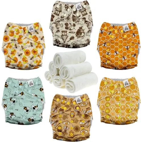 Mama Koala 3.0 Pocket Cloth Diapers for Babies with AWJ Lining, 6 Pack with 6 4-Layer Natural Cloth Diaper Inserts - Reusable and Washable Pocket Diapers(Hardworking Bees)